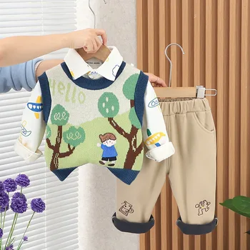 2023, осень-зима, комплект одежды из 3 предметов для маленьких мальчиков, рубашка с мультяшным принтом, вязаный жилет в виде дерева, флисовые брюки, костюм для мальчика, наряд для мальчика