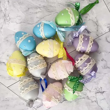 6шт с галстуком-бабочкой Пасхальные яйца Пластиковое Красочное Пасхальное украшение Яйцо с кружевом Искусственная подвеска в виде яйца Детская игрушка