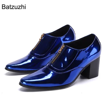 Batzuzhi/ Мужская обувь на высоком каблуке 7 см, синие кожаные модельные туфли С острым носком, мужские вечерние и свадебные туфли из лакированной кожи на молнии, мужские!