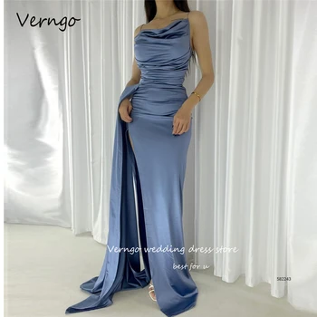 Verngo Пыльно-голубые атласные вечерние платья Русалки с бретельками-спагетти и складками с разрезом, женские платья для выпускного вечера в Дубае, вечернее платье для вечеринок 2023 года