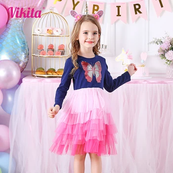 VIKITA/ платье с аппликацией в виде бабочки и блесток для девочек, детское сетчатое многослойное платье из тюля для выпускного вечера, платья принцесс для вечеринки по случаю Дня рождения