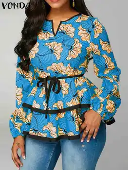 VONDA Модная Женская блузка с оборками 2023, богемные рубашки с длинным рукавом, осенние винтажные Топы-туники с цветочным принтом, повседневные Блузки Femme