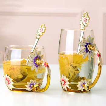YOMDID Креативная Стеклянная чашка с Хризантемой, Термостойкие Чашки для кофе, молока, сока, чая, Эмалированная Прозрачная Посуда для напитков