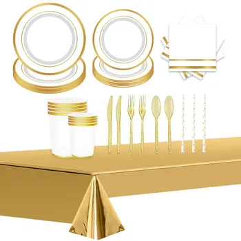 Белые и золотые бумажные тарелки и предварительно свернутые салфетки с бумажными столовыми приборами для украшения вечеринок и свадеб, дня рождения, Одноразовая посуда