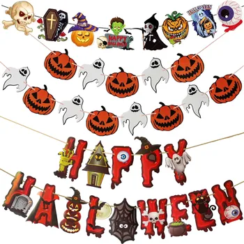 Бумажный баннер Happy Halloween 3D Наклейка с Летучими мышами Тыква Череп Ведьмы Флаги-овсянки для вечеринки на Хэллоуин Фоны Подвесные Украшения