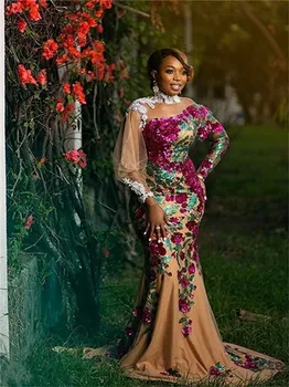 Вечерние платья русалки Aso Ebi с длинным рукавом, африканские цветы с блестками, африканское платье для выпускного вечера с высоким воротом, халат de soree