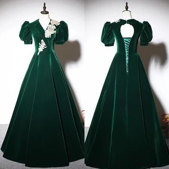 Вечерние платья Темно-зеленый бархат с V-образным вырезом, аппликации, складки, длина до пола, Короткие рукава, Трапециевидное женское вечернее платье большого размера