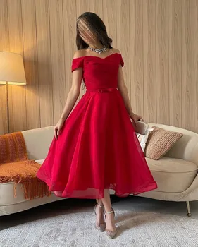 Винтажные красные выпускные платья без рукавов с открытыми плечами, плиссированные атласные вечерние платья чайной длины, молния сзади