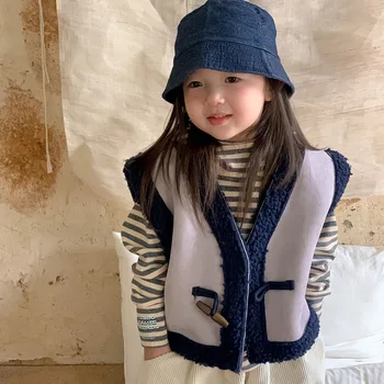 Детская одежда, детское повседневное пальто, осень и зима 2023, Новый модный теплый повседневный толстый топ без рукавов для девочек в корейском стиле