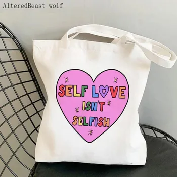 Женская сумка через плечо, любовь к себе не эгоистична, сумка для покупок в харадзюку, холщовая сумка для покупок, женская сумка-тоут большой емкости, женская сумка-шоппер