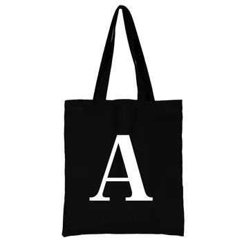 Женская черная хозяйственная сумка Повседневная Большой емкости С белыми буквами, начальным названием, серией рисунков, холщовая сумка через плечо многоразового использования