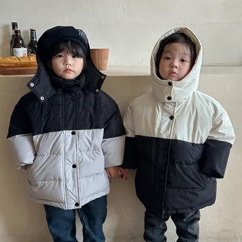 Зимняя детская куртка с капюшоном для мальчиков, Плюшевая Утолщенная Повседневная лоскутная одежда, Универсальное Хлопчатобумажное пальто для мальчиков, теплая верхняя одежда для мальчиков