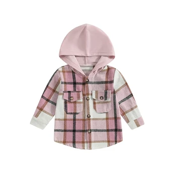 Клетчатая куртка для маленьких девочек, пальто с капюшоном и длинными рукавами, верхняя одежда на пуговицах, осенняя одежда с карманами