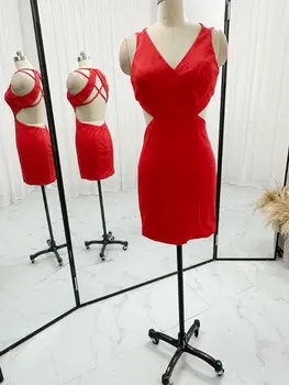 Красная сексуальная юбка с глубоким V-образным вырезом и рукавами сзади, облегающая вечернее платье для выступлений M1864