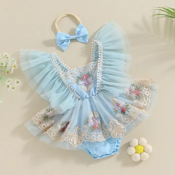 Кружевной комбинезон для маленьких девочек, одежда в стиле бохо, боди с цветочной вышивкой, тюль, оборки, одежда для фотосъемки новорожденных