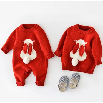 Новый Детский комбинезон с вязаным кроликом, Свитер для новорожденных, Комбинезон для мальчиков и девочек, Рождественский Красный Осенний Комбинезон для малышей, Зимняя одежда для близнецов
