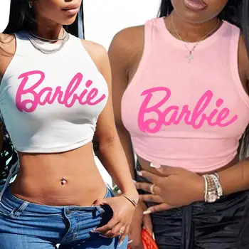 Новый укороченный топ Kawaii Barbie для сексуальных девушек, летний жилет-камзол без рукавов Y2K, женская тонкая модная футболка, повседневные топы на бретелях, подарки