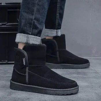 Обувь для мужчин, Новинка 2023 года, мужские ботинки без застежки, зимние, с круглым носком, из плотного флока и плюша, удобные зимние ботинки с коротким бочком на низком каблуке