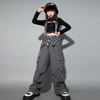 Одежда в стиле хип-хоп для девочек и мальчиков, черный укороченный топ на шнуровке, футболка с длинным рукавом, Серые повседневные брюки-карго для детей, одежда для джазовых танцев