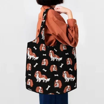 Переработка мультяшного Кавалера Кинг Чарльз Спаниеля Хозяйственная сумка Женская холщовая сумка через плечо Моющиеся сумки для покупок продуктов для собак