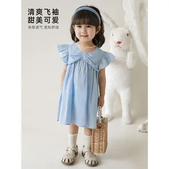 Платье в синюю полоску для девочек, детское Корейское летнее Модное длинное платье принцессы 2023 года для малышей