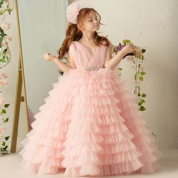 Платья для девочек-цветочниц из розового тюля с пышным бриллиантовым поясом, многоуровневые платья без рукавов для свадьбы, банкета, дня рождения, первого причастия