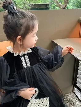 Повседневные платья для девочек из Корейского черного осеннего бархата, новая детская одежда, сетчатая пряжа с длинными рукавами, принцесса Pretty