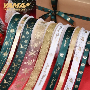 Рождественская лента YAMA 10 ярдов / рулон 9 мм 16 мм 22 мм зелено-белые ленты для рождественского украшения DIY Craft Supplies