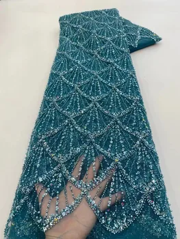 Синий 2023 Высококачественная кружевная ткань ручной работы из бисера Франция Вышивка пайетками 3D бисер Нигерийская свадебная сетчатая кружевная ткань для шитья