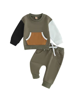 Стильный спортивный костюм из 2 предметов для Малышей, Уютная Толстовка с длинным рукавом, карманом и Эластичными штанами для Осеннего Наряда Для Маленьких Мальчиков