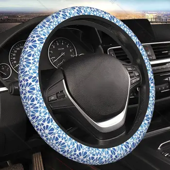 Чехол для рулевого колеса автомобиля, универсальный 15-дюймовый синий, протектор рулевого колеса в современном цветочном стиле, автомобильные аксессуары, внедорожник, разнообразный декор